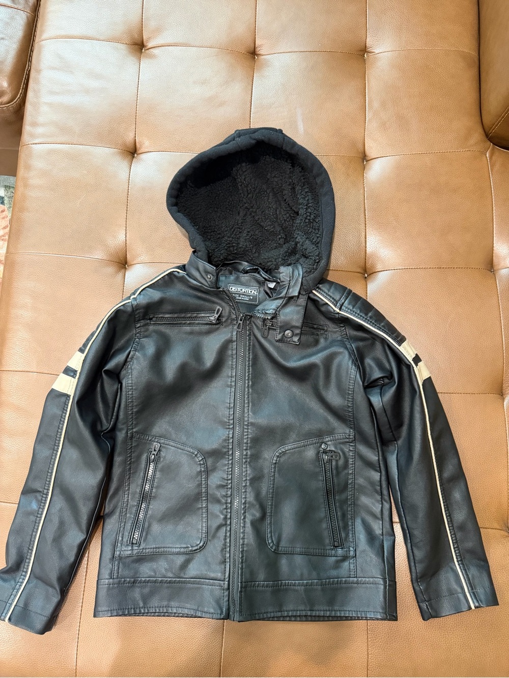 Distortion Brand Boys Hooded Biker Jacket Faux Leather Black Size (S) Full Zip